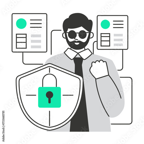 Professional cybersecurity expert safeguarding digital assets with a glowing shield and padlock, symbolizing data protection and secure online operations