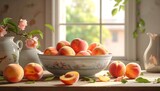 Peaches in a bowl by a window