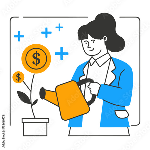 Dedicated professional diligently nurturing financial growth with a watering can, symbolizing investment and prosperity in a concept of business development
