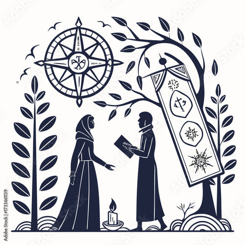 Medieval Figures and Compass Illustration navigation