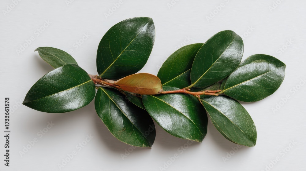 Naklejka premium Dark Green Magnolia Leaves with Brown Branch on a Clean Neutral Background in Sharp Focus Top View Studio Shot