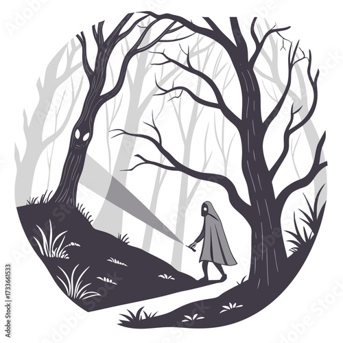 Mysterious figure in a dark forest with a glowing light
