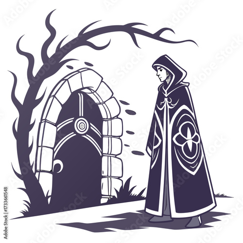 Mysterious Figure in Hooded Cloak Before Ornate Stone Archway