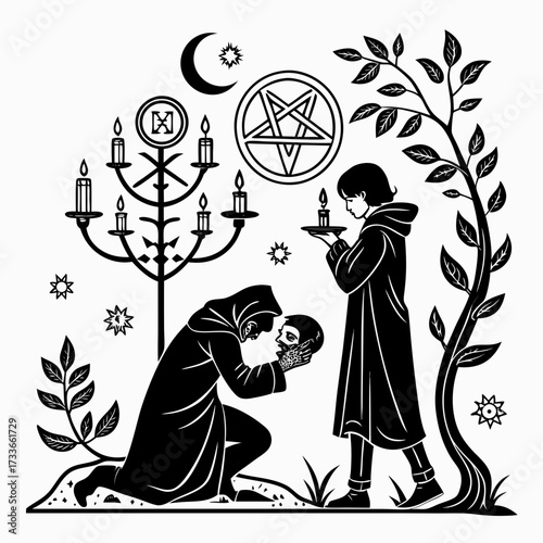 Occult Ritual Scene with Figures and Symbols ceremony