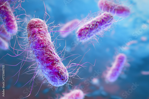 rod-shaped bacteria with flagella and pili, floating in a microscopic environment, possibly representing Legionella pneumophila, E. coli, Salmonella or Pseudomonas aeruginosa