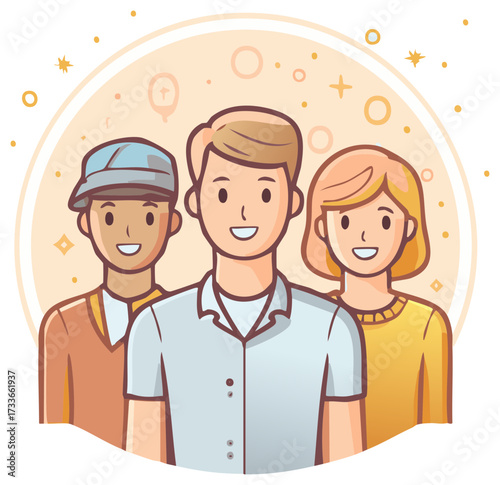 Happy diverse group of three cartoon people standing together smiling brightly showcasing friendship and unity