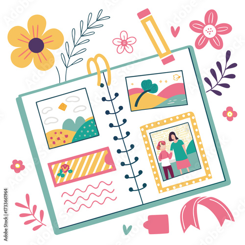 Open Scrapbook with Photos and Decorations album open book