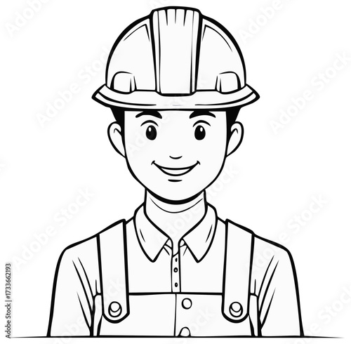 Smiling construction worker in hardhat illustration wearing overalls outlining a positive happy professional builder or engineer