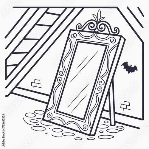 Ornate Mirror in Attic with Bat Silhouette frame stand
