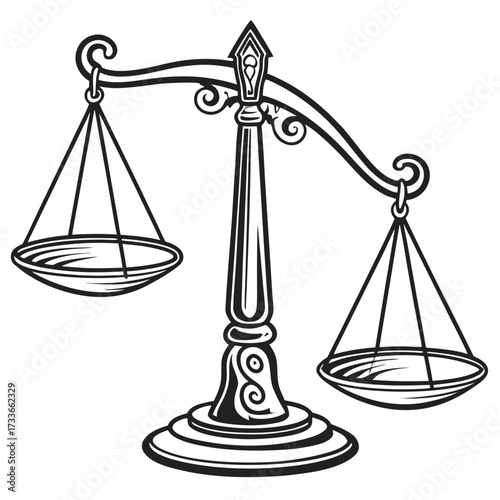 Ornate scales of justice on white background legal