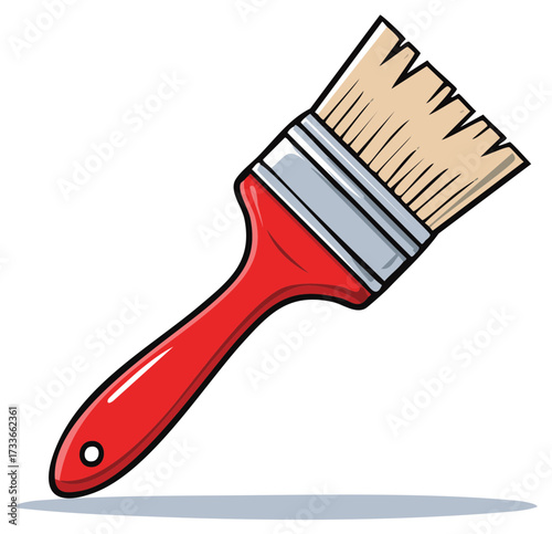 Vibrant red handled paintbrush with bristles ready to paint, renovate or decorate