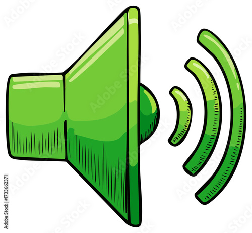 Green Loudspeaker with Sound Waves Icon Represents Announcement Alert and Communication Concept