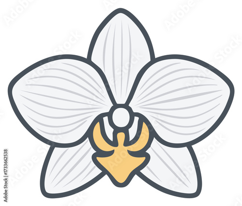 Stylized White Orchid Flower Icon with Yellow Center and Grey Outline