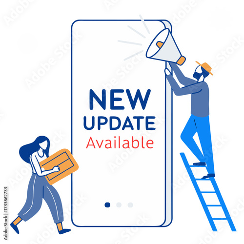 People announcing new update with megaphone and ladder on smartphone