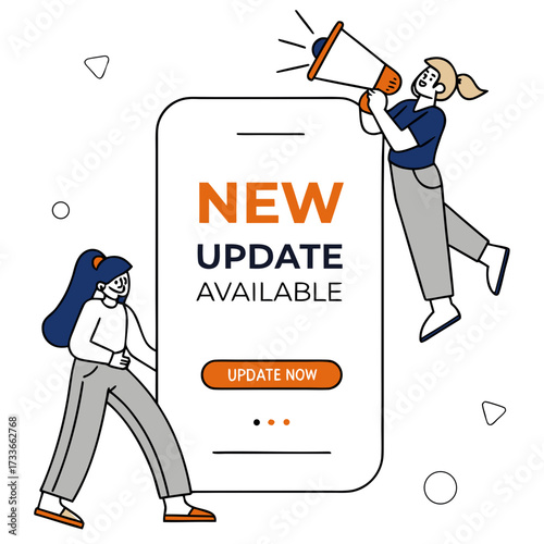 People announcing new update with megaphone and update button on smartphone