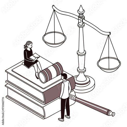People Books Gavel and Scales of Justice Illustration