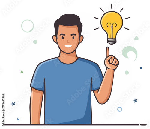 Happy young man cartoon illustration points at glowing light bulb representing idea solution innovation
