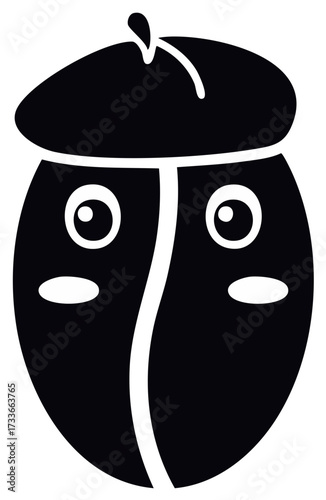 Cute anthropomorphic coffee bean wearing a beret with a smiling face illustration