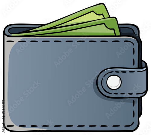 Wallet holding cash currency banknotes, personal finance, financial illustration, savings and earnings concept art.