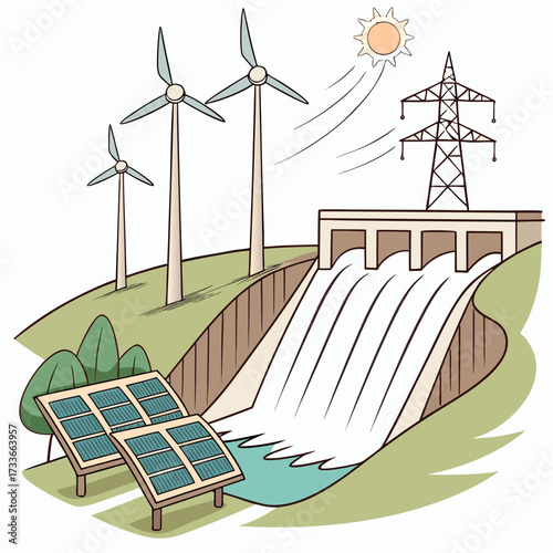 Renewable energy sources including wind turbines and dam