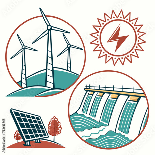 Renewable energy sources and hydroelectric power icons