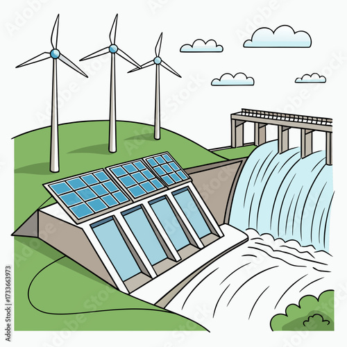 Renewable energy sources wind turbines solar panels and hydroelectric dam