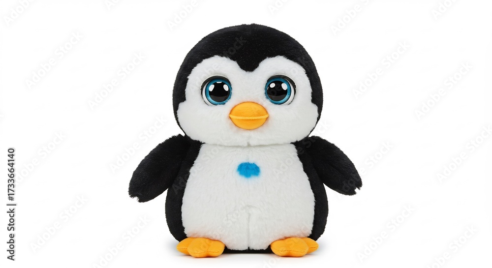 Fototapeta premium Charming black and white plush penguin toy features large glittering blue eyes and a small orange beak on a crisp white backdrop