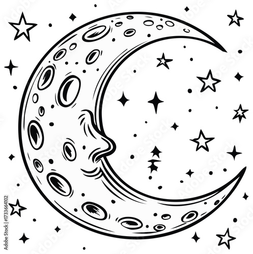 Vintage style black and white illustration of a crescent moon with a face and stars