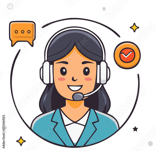Cheerful cartoon woman wearing headset and speaking into microphone providing support services in a business setting