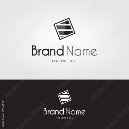 Minimalist logo design featuring a geometric abstract shape above the text “Brand Name” with space for a tagline, presented in light and dark backgrounds for versatile branding.
