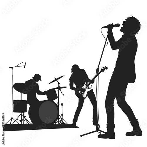 Rock band performing on stage with microphones Keywords: rock band, silhouette, music