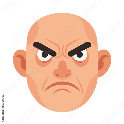 Cartoon depiction of a bald man's face with an angry and displeased expression.