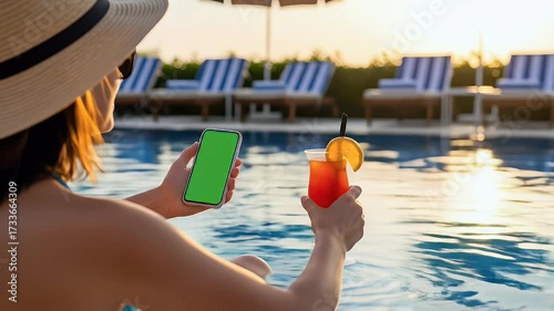 Woman using phone at poolside holding cocktail during golden hour showcasing summer vibes beach vacation with refreshing beverage near sparkling pool