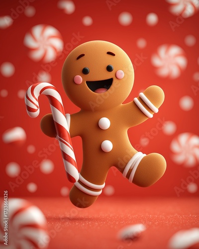 Festive Gingerbread Delight: A cheerful gingerbread character leaps joyfully, clutching a candy cane against a backdrop of Christmas treats and vibrant holiday colors.Generative ai illustration