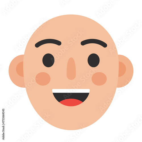 A flat vector illustration of a cheerful bald person's face with a wide, happy smile, rosy cheeks, and simple features.