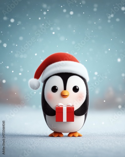 Festive Penguin with a Gift: A charming illustration features an adorable penguin, donning a Santa hat and clutching a small gift box amidst a serene snowfall.Generative ai illustration