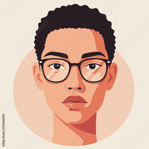 A modern flat illustration of a young person with short curly hair and black-rimmed glasses.