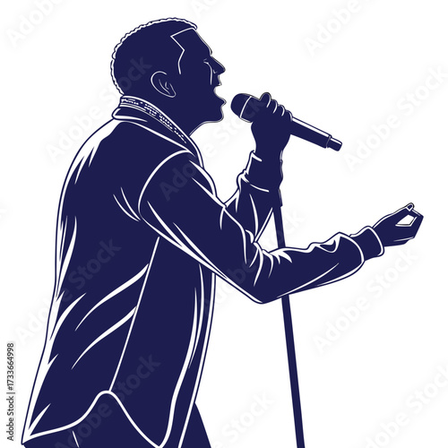 Silhouette of a male singer performing with microphone Keywords: singer, singing, microphone