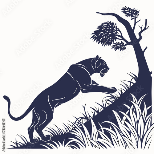 Silhouette of a Panther Climbing a Hill Near a Tree