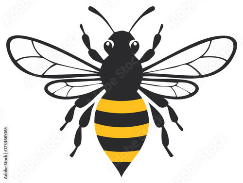 Stylized illustration of a honeybee in flight, black and yellow, wings spread wide