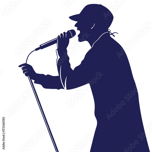 Silhouette of a rapper with a cap singing into a microphone