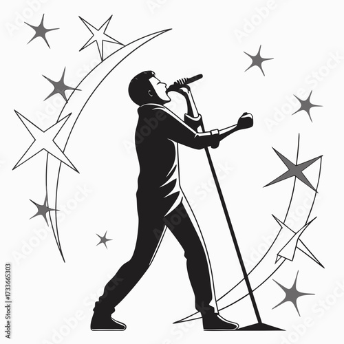 Silhouette of a singer with stars and swirling lines