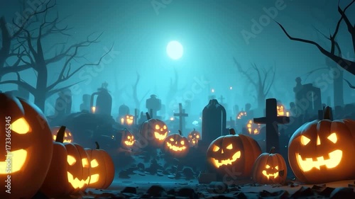 Creepy pumpkins glow eerily in a foggy graveyard under the moonlight on Halloween night
