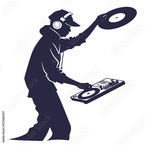 Silhouette of aDJ holding a vinyl record and mixing music Keywords: dj, disc jockey, music