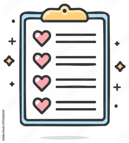 Cute cartoon illustration of a clipboard with a love and favorites checklist