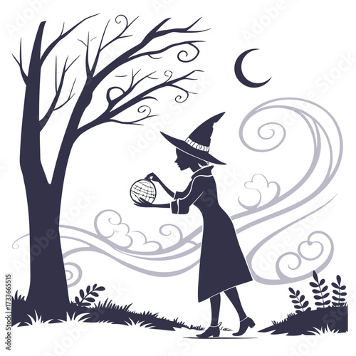 Silhouette Witch with Globe Under Moon holding