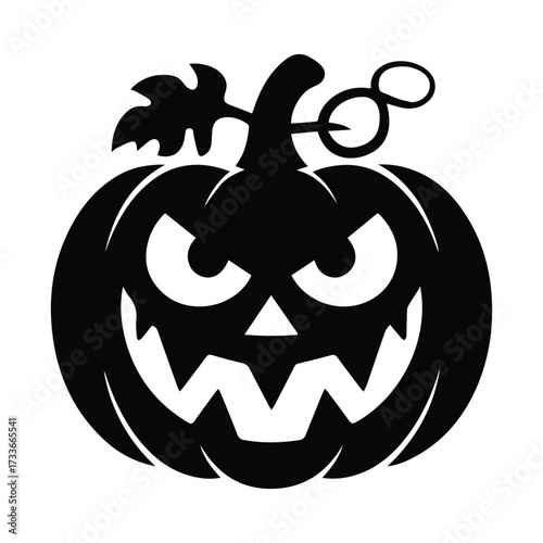 Spooky halloween jack o lantern silhouette with fierce grin and curly stem accent silhouette