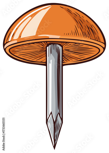 Shiny Orange Upholstery Nail with Silver Shank and Point Hand Drawn Style