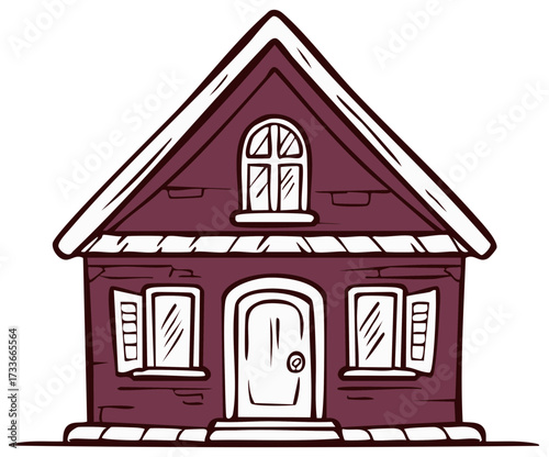 Whimsical Cartoon House Illustration with Shutters and Arched Window