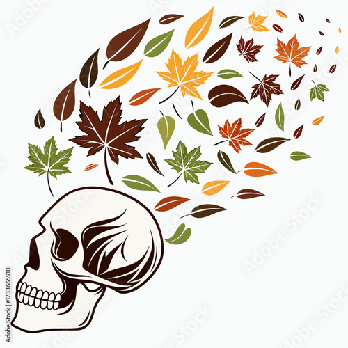 Skull with a vibrant cascade of autumn maple leaves